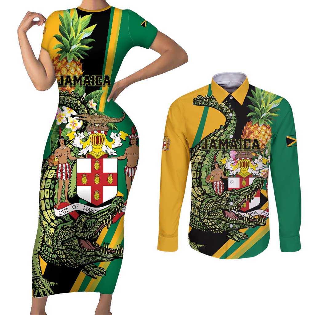 Personalized Jamaica Crocodile Couples Matching Short Sleeve Bodycon Dress and Long Sleeve Button Shirt Pineapple Tropical Style - Wonder Print Shop