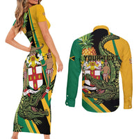 Personalized Jamaica Crocodile Couples Matching Short Sleeve Bodycon Dress and Long Sleeve Button Shirt Pineapple Tropical Style - Wonder Print Shop