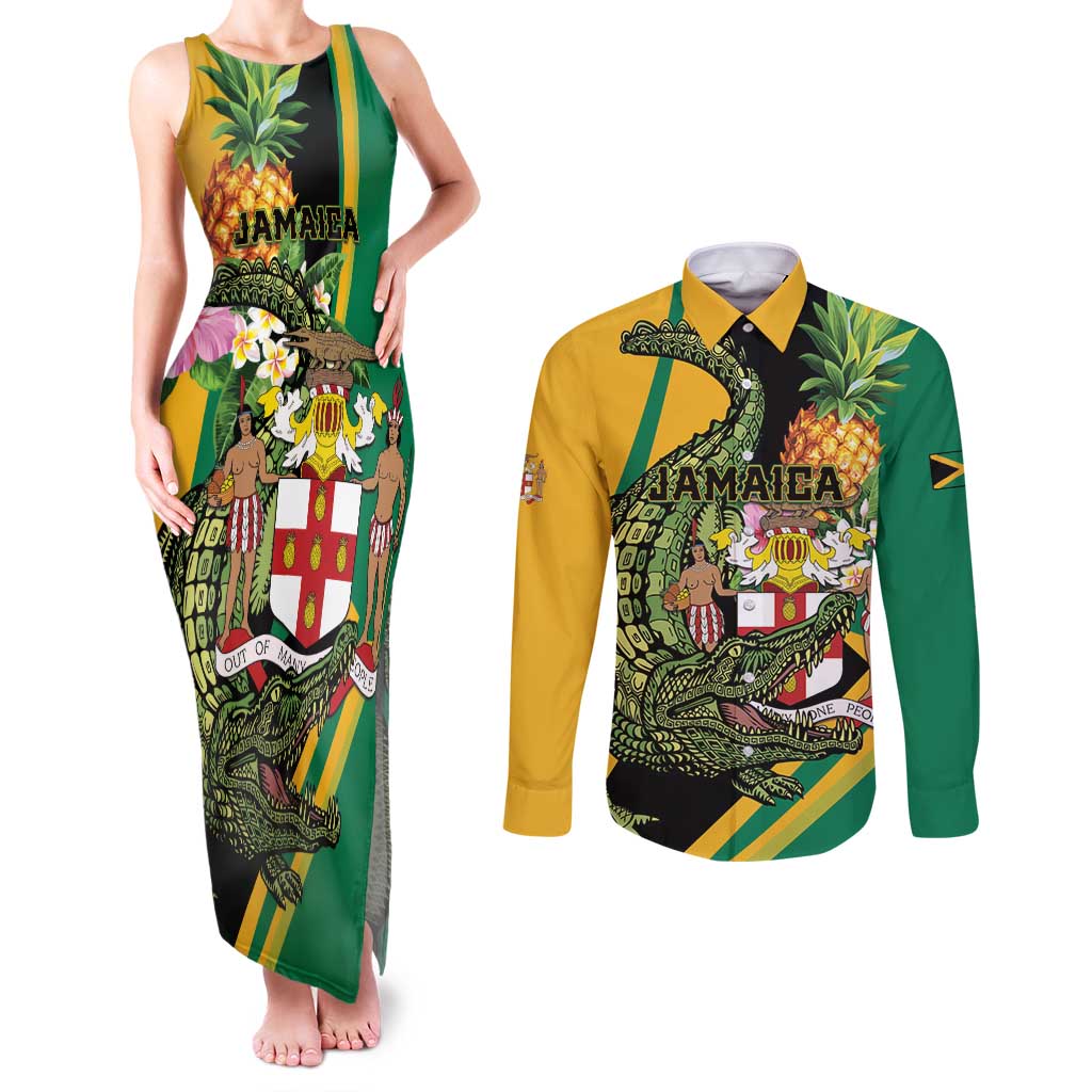 Personalized Jamaica Crocodile Couples Matching Tank Maxi Dress and Long Sleeve Button Shirt Pineapple Tropical Style - Wonder Print Shop