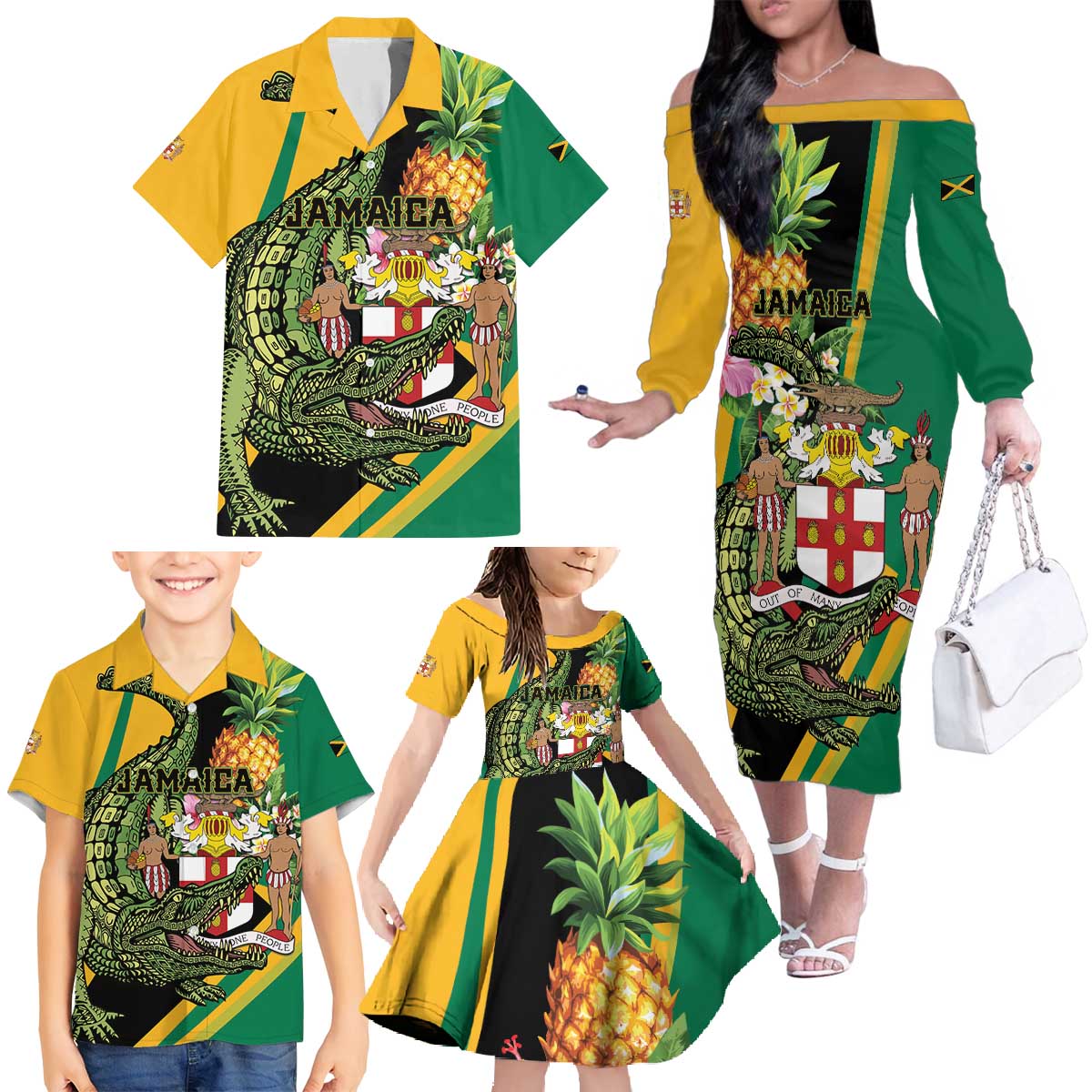 Personalized Jamaica Crocodile Family Matching Off The Shoulder Long Sleeve Dress and Hawaiian Shirt Pineapple Tropical Style - Wonder Print Shop