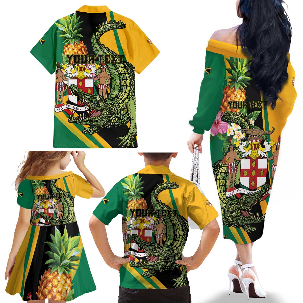 Personalized Jamaica Crocodile Family Matching Off The Shoulder Long Sleeve Dress and Hawaiian Shirt Pineapple Tropical Style - Wonder Print Shop
