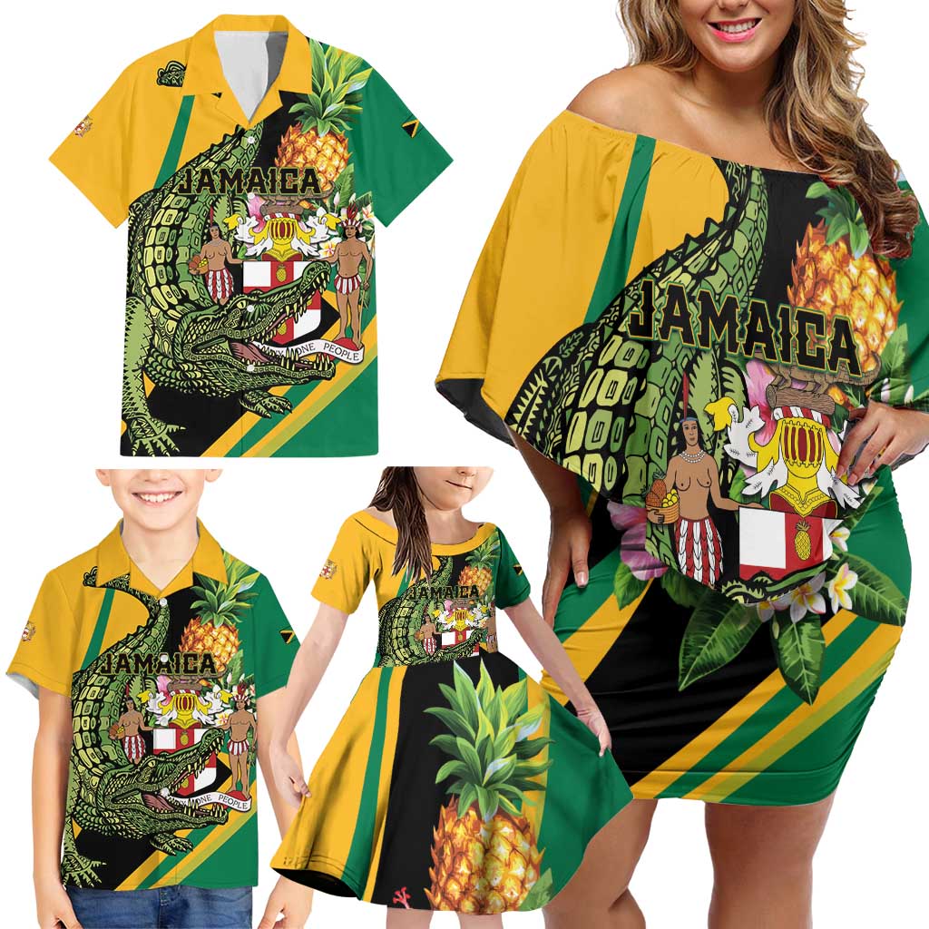Personalized Jamaica Crocodile Family Matching Off Shoulder Short Dress and Hawaiian Shirt Pineapple Tropical Style - Wonder Print Shop