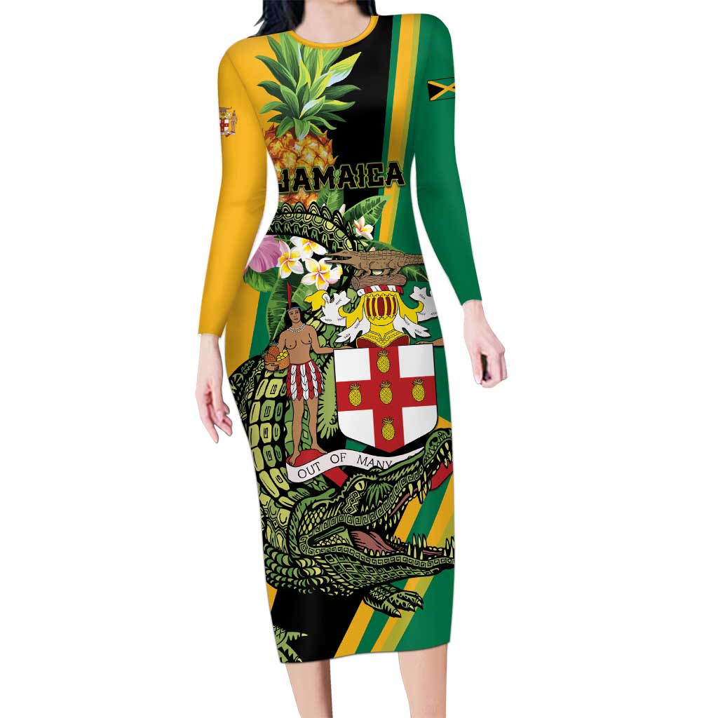 Personalized Jamaica Crocodile Long Sleeve Bodycon Dress Pineapple Tropical Style - Wonder Print Shop