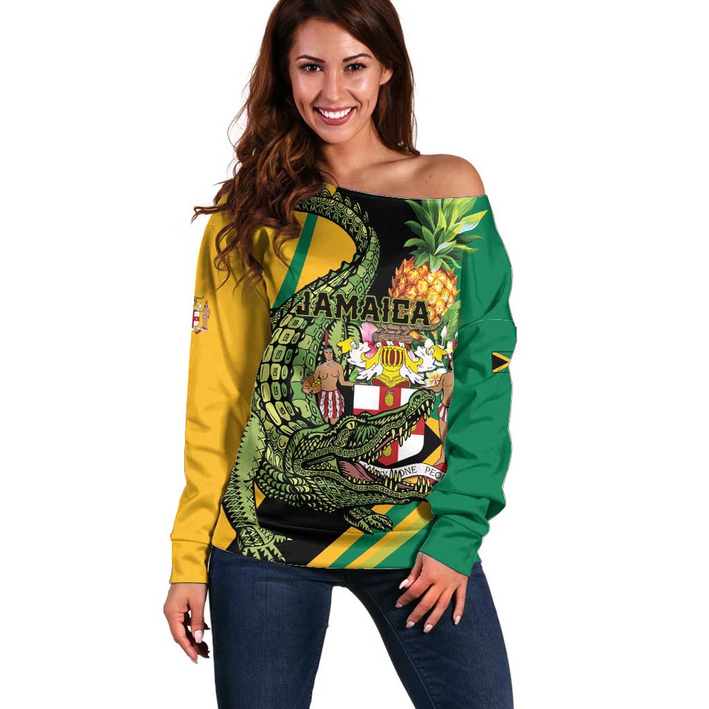 Personalized Jamaica Crocodile Off Shoulder Sweater Pineapple Tropical Style - Wonder Print Shop