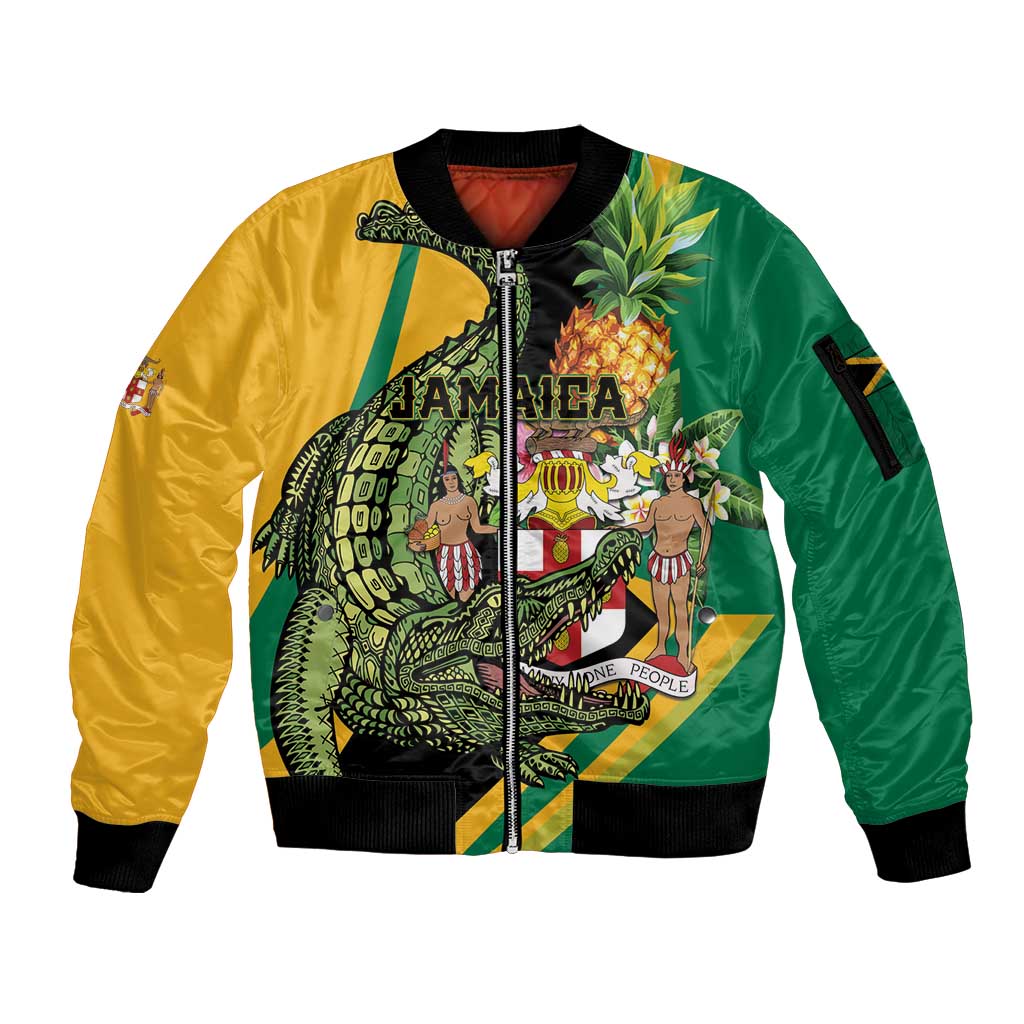 Personalized Jamaica Crocodile Sleeve Zip Bomber Jacket Pineapple Tropical Style - Wonder Print Shop