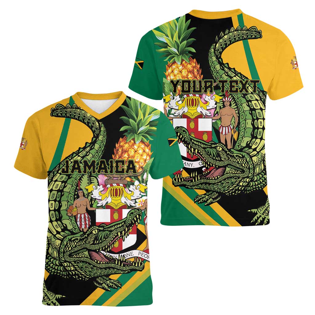Personalized Jamaica Crocodile Women V-Neck T-Shirt Pineapple Tropical Style - Wonder Print Shop