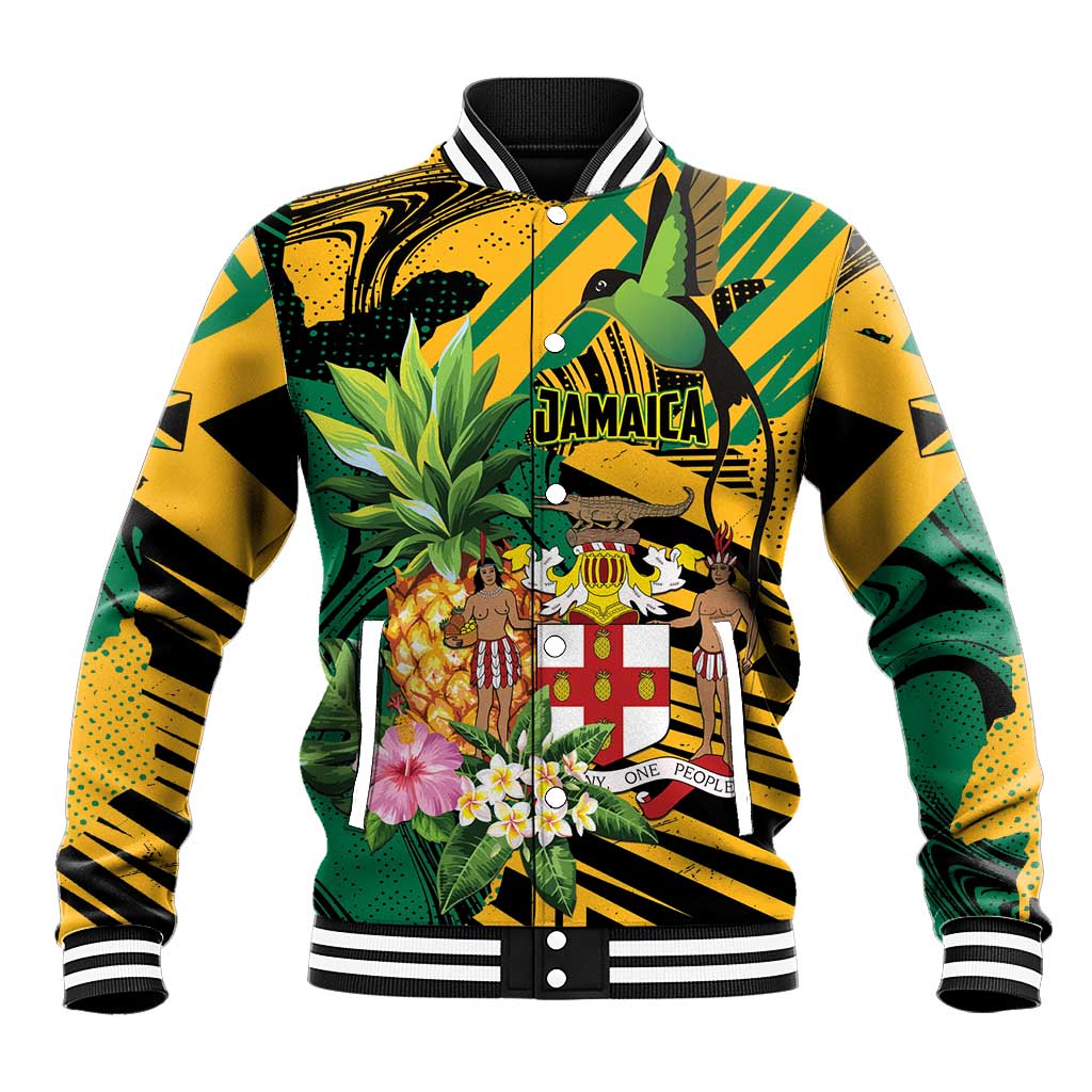 Personalized Jamaica Red-billed Streamertail Baseball Jacket Pineapple Tropical Style - Wonder Print Shop