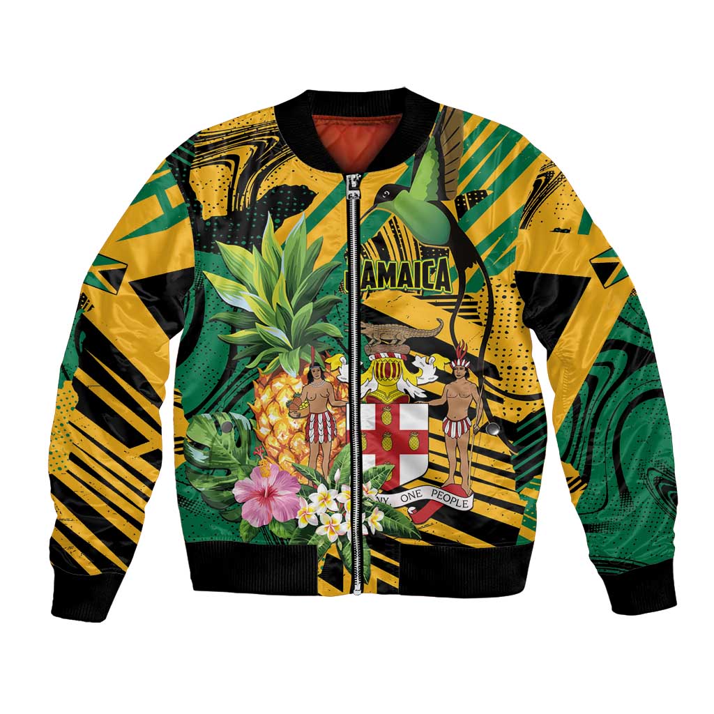 Personalized Jamaica Red-billed Streamertail Bomber Jacket Pineapple Tropical Style - Wonder Print Shop