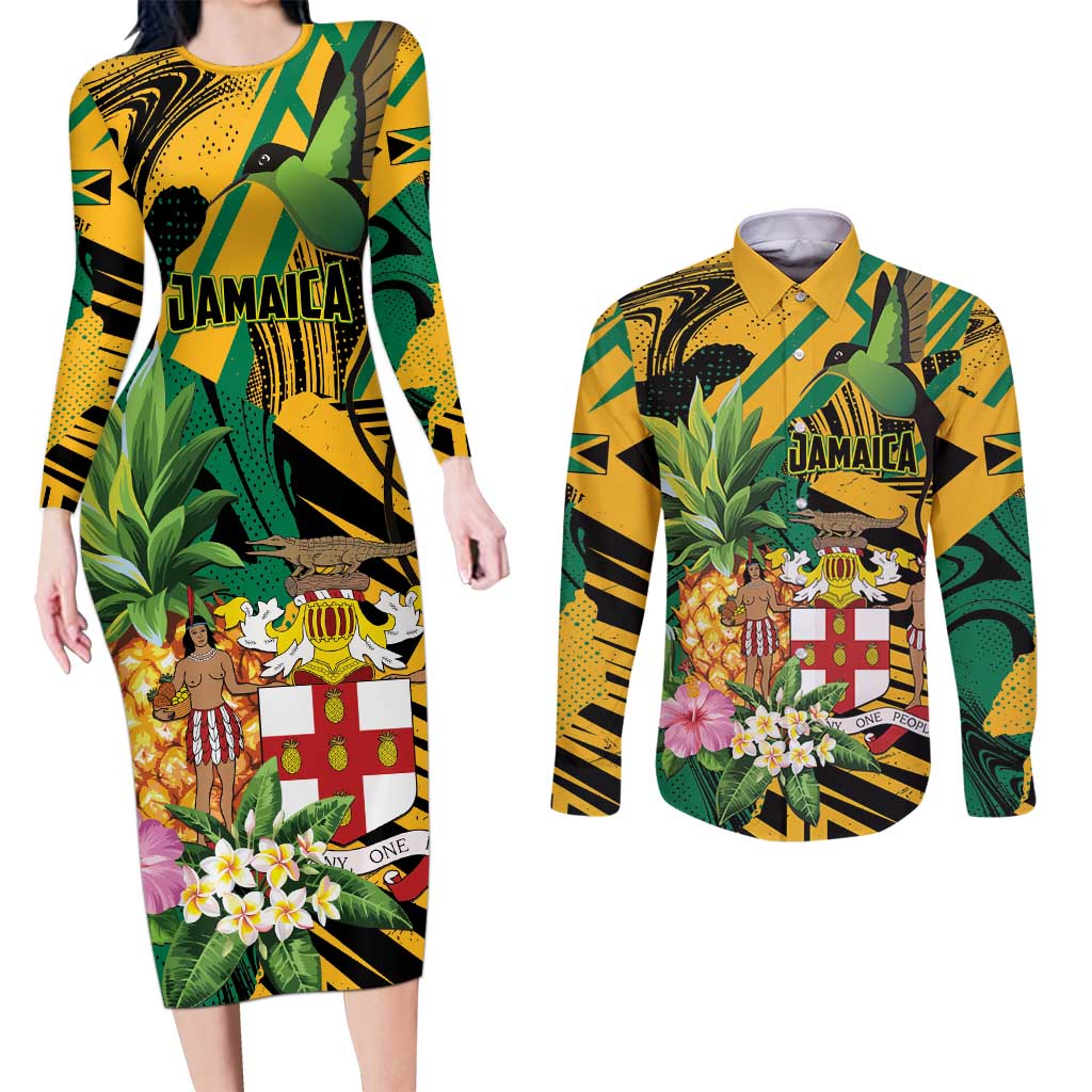 Personalized Jamaica Red-billed Streamertail Couples Matching Long Sleeve Bodycon Dress and Long Sleeve Button Shirt Pineapple Tropical Style - Wonder Print Shop