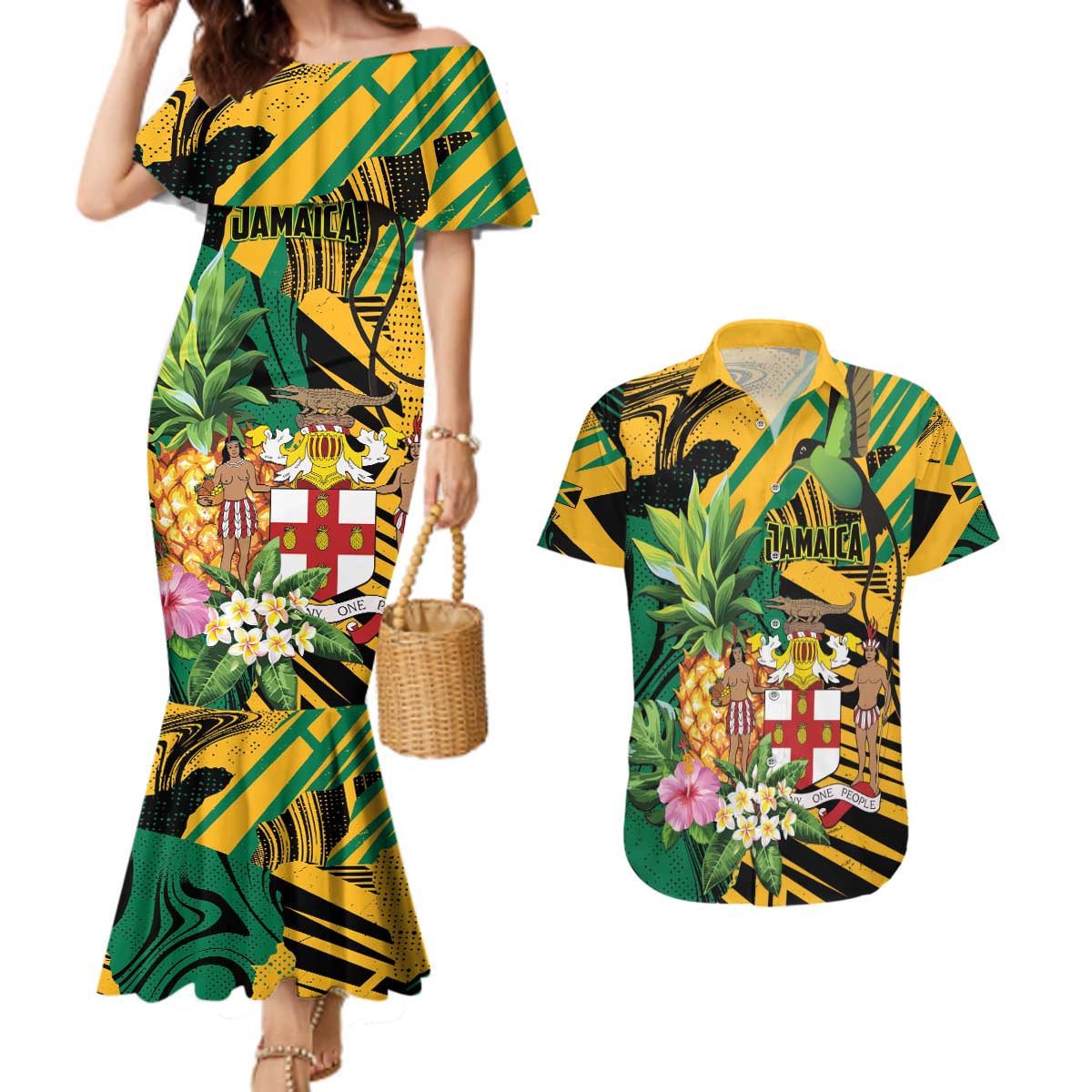 Personalized Jamaica Red-billed Streamertail Couples Matching Mermaid Dress and Hawaiian Shirt Pineapple Tropical Style - Wonder Print Shop
