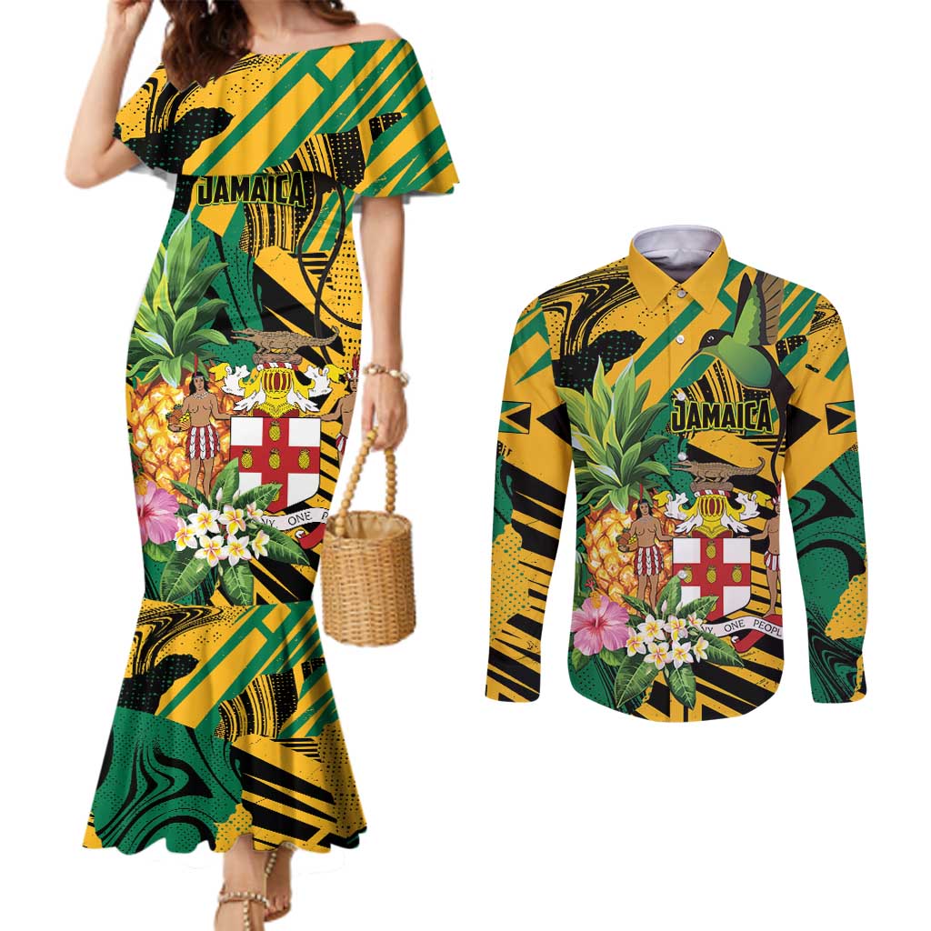 Personalized Jamaica Red-billed Streamertail Couples Matching Mermaid Dress and Long Sleeve Button Shirt Pineapple Tropical Style - Wonder Print Shop