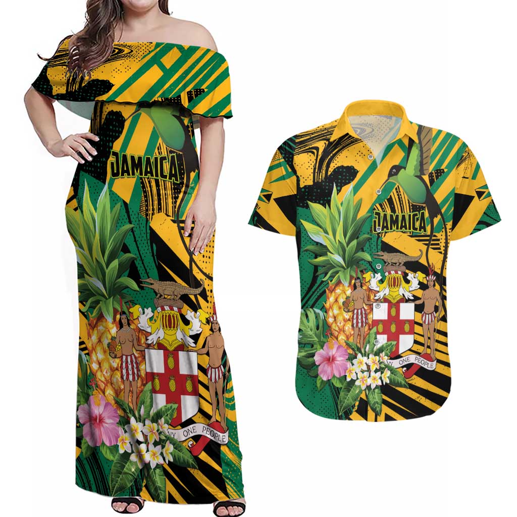 Personalized Jamaica Red-billed Streamertail Couples Matching Off Shoulder Maxi Dress and Hawaiian Shirt Pineapple Tropical Style - Wonder Print Shop