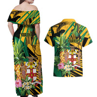 Personalized Jamaica Red-billed Streamertail Couples Matching Off Shoulder Maxi Dress and Hawaiian Shirt Pineapple Tropical Style - Wonder Print Shop
