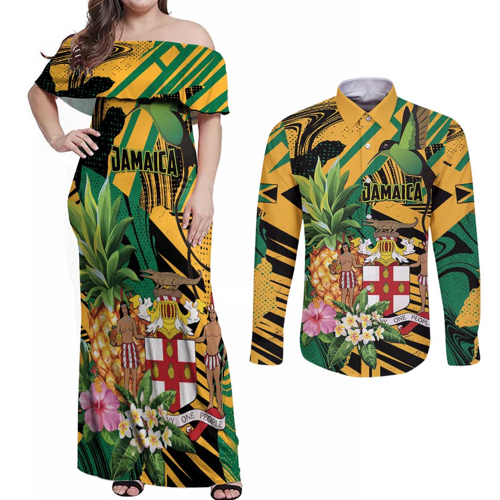 Personalized Jamaica Red-billed Streamertail Couples Matching Off Shoulder Maxi Dress and Long Sleeve Button Shirt Pineapple Tropical Style - Wonder Print Shop