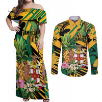 Personalized Jamaica Red-billed Streamertail Couples Matching Off Shoulder Maxi Dress and Long Sleeve Button Shirt Pineapple Tropical Style - Wonder Print Shop