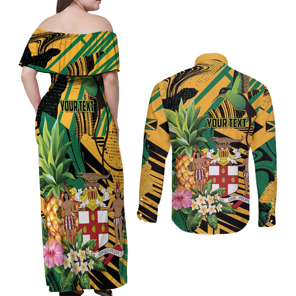 Personalized Jamaica Red-billed Streamertail Couples Matching Off Shoulder Maxi Dress and Long Sleeve Button Shirt Pineapple Tropical Style - Wonder Print Shop