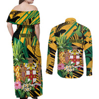 Personalized Jamaica Red-billed Streamertail Couples Matching Off Shoulder Maxi Dress and Long Sleeve Button Shirt Pineapple Tropical Style - Wonder Print Shop