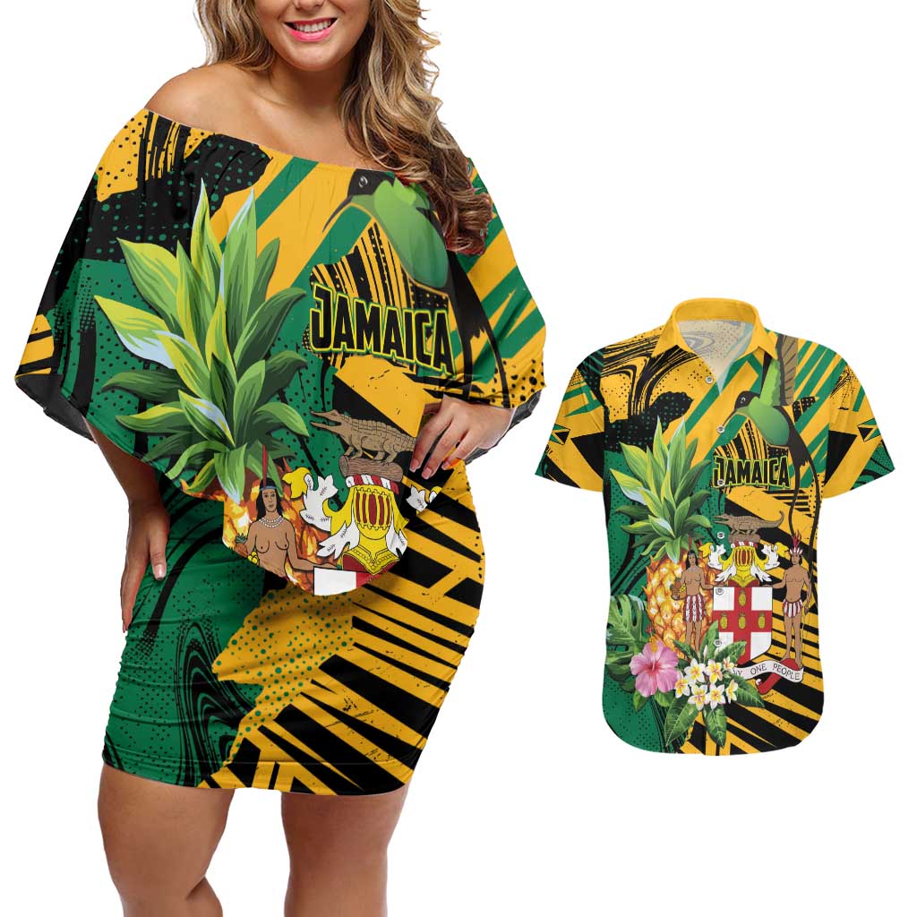 Personalized Jamaica Red-billed Streamertail Couples Matching Off Shoulder Short Dress and Hawaiian Shirt Pineapple Tropical Style - Wonder Print Shop