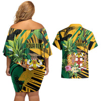 Personalized Jamaica Red-billed Streamertail Couples Matching Off Shoulder Short Dress and Hawaiian Shirt Pineapple Tropical Style - Wonder Print Shop