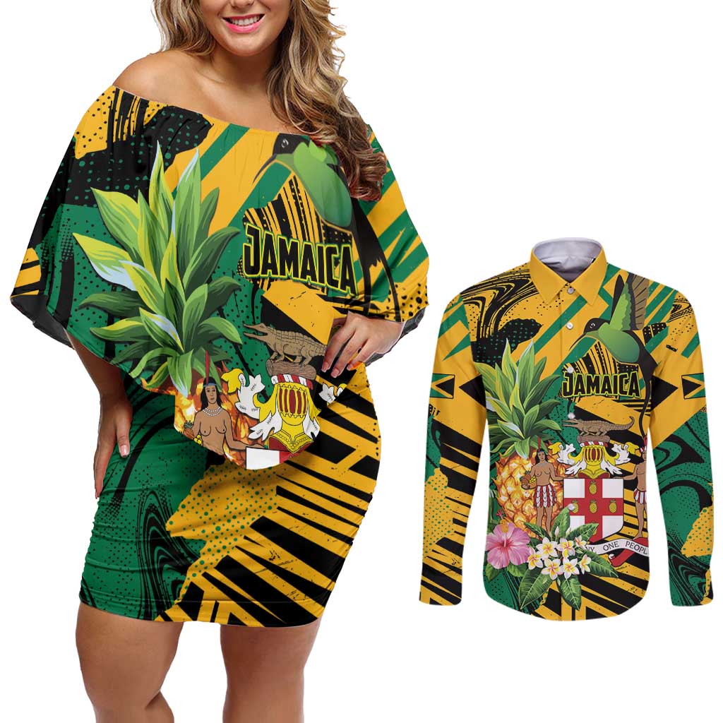 Personalized Jamaica Red-billed Streamertail Couples Matching Off Shoulder Short Dress and Long Sleeve Button Shirt Pineapple Tropical Style - Wonder Print Shop