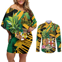 Personalized Jamaica Red-billed Streamertail Couples Matching Off Shoulder Short Dress and Long Sleeve Button Shirt Pineapple Tropical Style - Wonder Print Shop