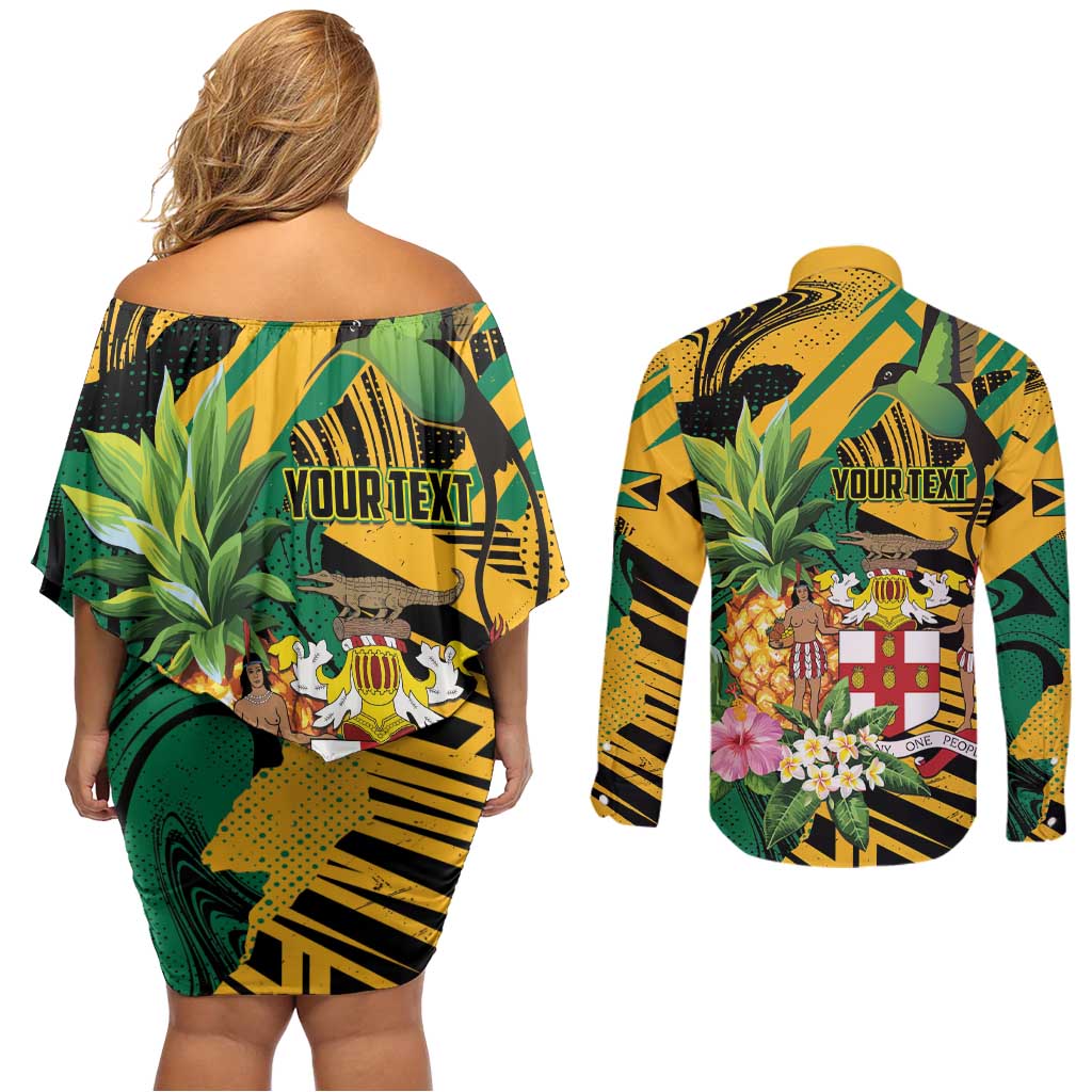 Personalized Jamaica Red-billed Streamertail Couples Matching Off Shoulder Short Dress and Long Sleeve Button Shirt Pineapple Tropical Style - Wonder Print Shop