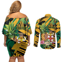 Personalized Jamaica Red-billed Streamertail Couples Matching Off Shoulder Short Dress and Long Sleeve Button Shirt Pineapple Tropical Style - Wonder Print Shop