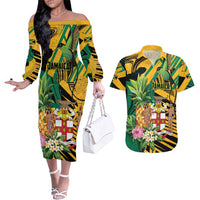 Personalized Jamaica Red-billed Streamertail Couples Matching Off The Shoulder Long Sleeve Dress and Hawaiian Shirt Pineapple Tropical Style - Wonder Print Shop