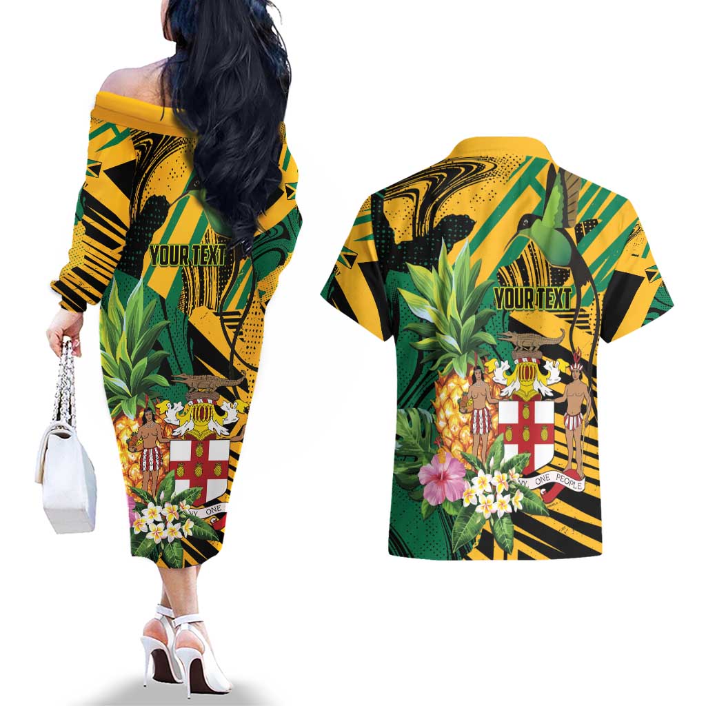 Personalized Jamaica Red-billed Streamertail Couples Matching Off The Shoulder Long Sleeve Dress and Hawaiian Shirt Pineapple Tropical Style - Wonder Print Shop