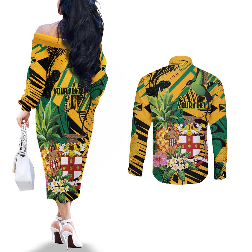 Personalized Jamaica Red-billed Streamertail Couples Matching Off The Shoulder Long Sleeve Dress and Long Sleeve Button Shirt Pineapple Tropical Style - Wonder Print Shop
