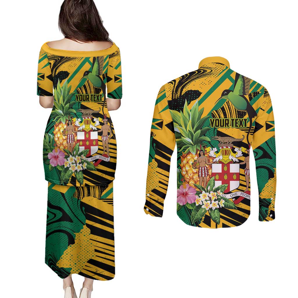 Personalized Jamaica Red-billed Streamertail Couples Matching Puletasi and Long Sleeve Button Shirt Pineapple Tropical Style - Wonder Print Shop