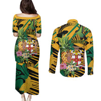 Personalized Jamaica Red-billed Streamertail Couples Matching Puletasi and Long Sleeve Button Shirt Pineapple Tropical Style - Wonder Print Shop
