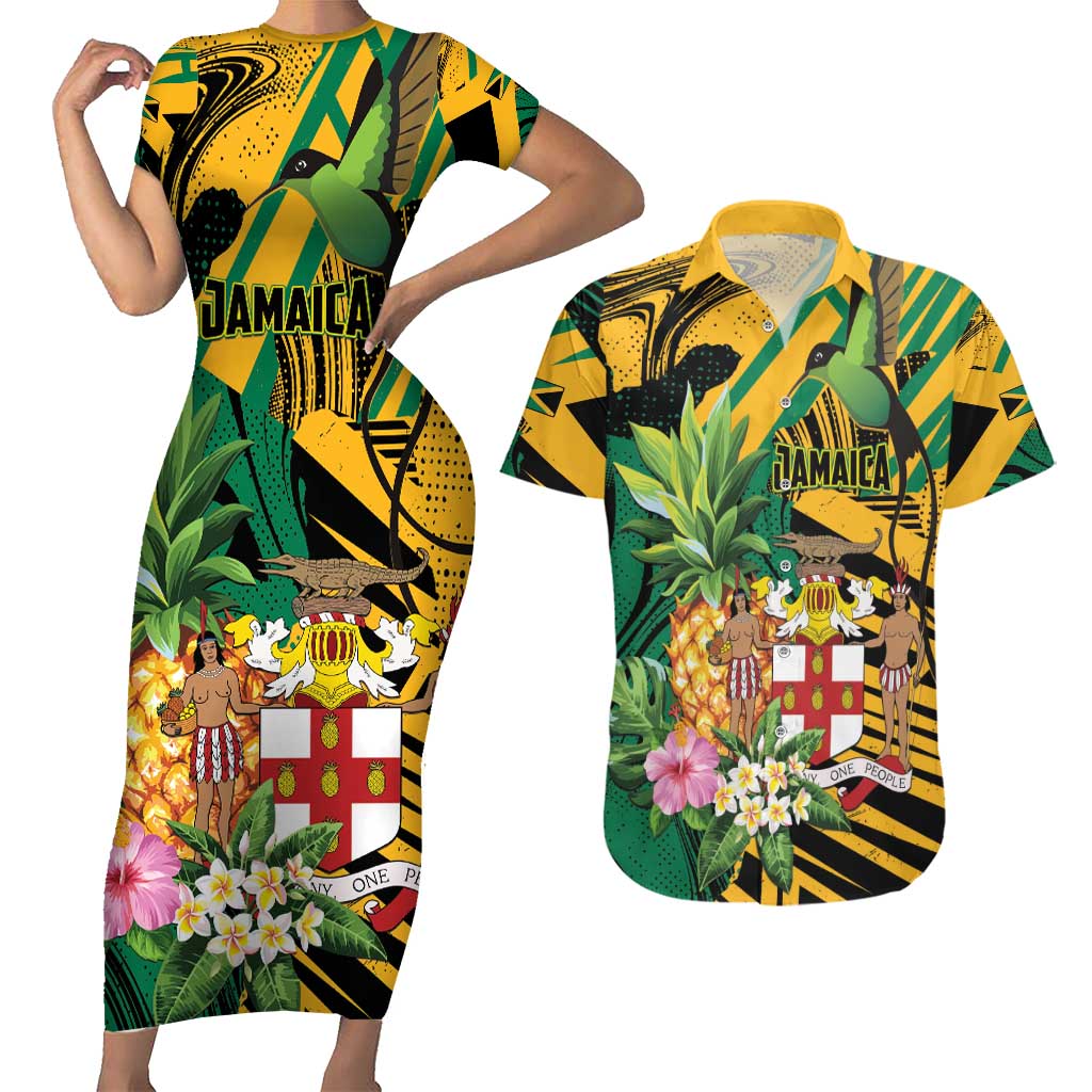 Personalized Jamaica Red-billed Streamertail Couples Matching Short Sleeve Bodycon Dress and Hawaiian Shirt Pineapple Tropical Style - Wonder Print Shop