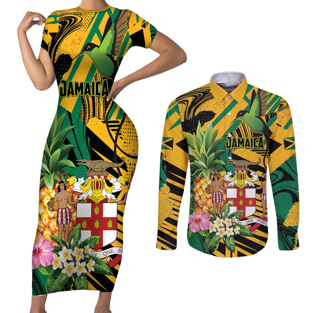 Personalized Jamaica Red-billed Streamertail Couples Matching Short Sleeve Bodycon Dress and Long Sleeve Button Shirt Pineapple Tropical Style - Wonder Print Shop