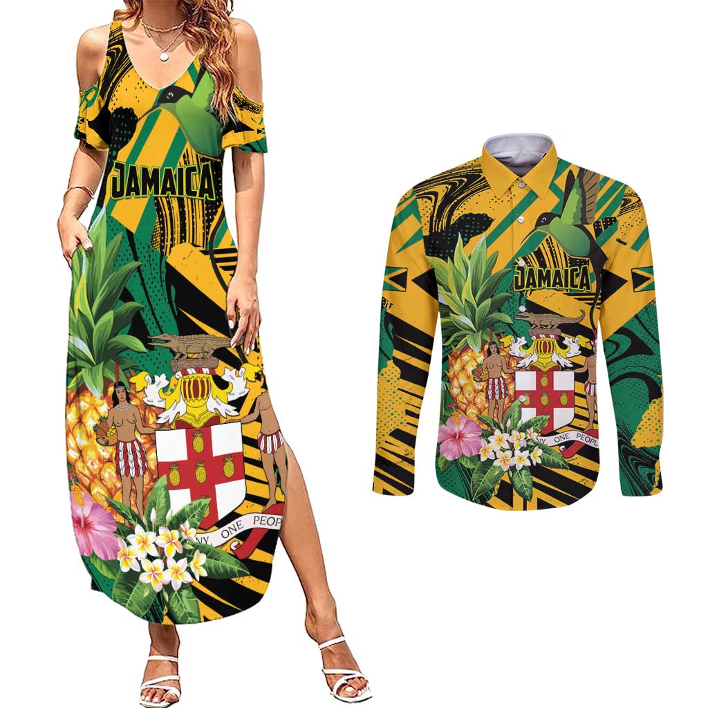 Personalized Jamaica Red-billed Streamertail Couples Matching Summer Maxi Dress and Long Sleeve Button Shirt Pineapple Tropical Style - Wonder Print Shop