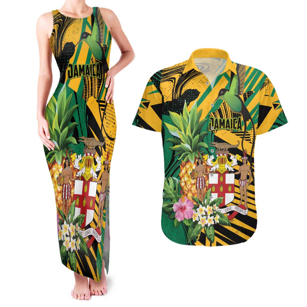 Personalized Jamaica Red-billed Streamertail Couples Matching Tank Maxi Dress and Hawaiian Shirt Pineapple Tropical Style - Wonder Print Shop