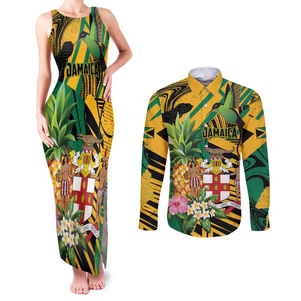 Personalized Jamaica Red-billed Streamertail Couples Matching Tank Maxi Dress and Long Sleeve Button Shirt Pineapple Tropical Style - Wonder Print Shop