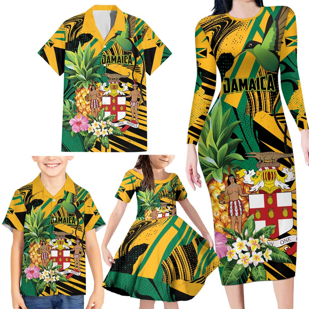 Personalized Jamaica Red-billed Streamertail Family Matching Long Sleeve Bodycon Dress and Hawaiian Shirt Pineapple Tropical Style - Wonder Print Shop