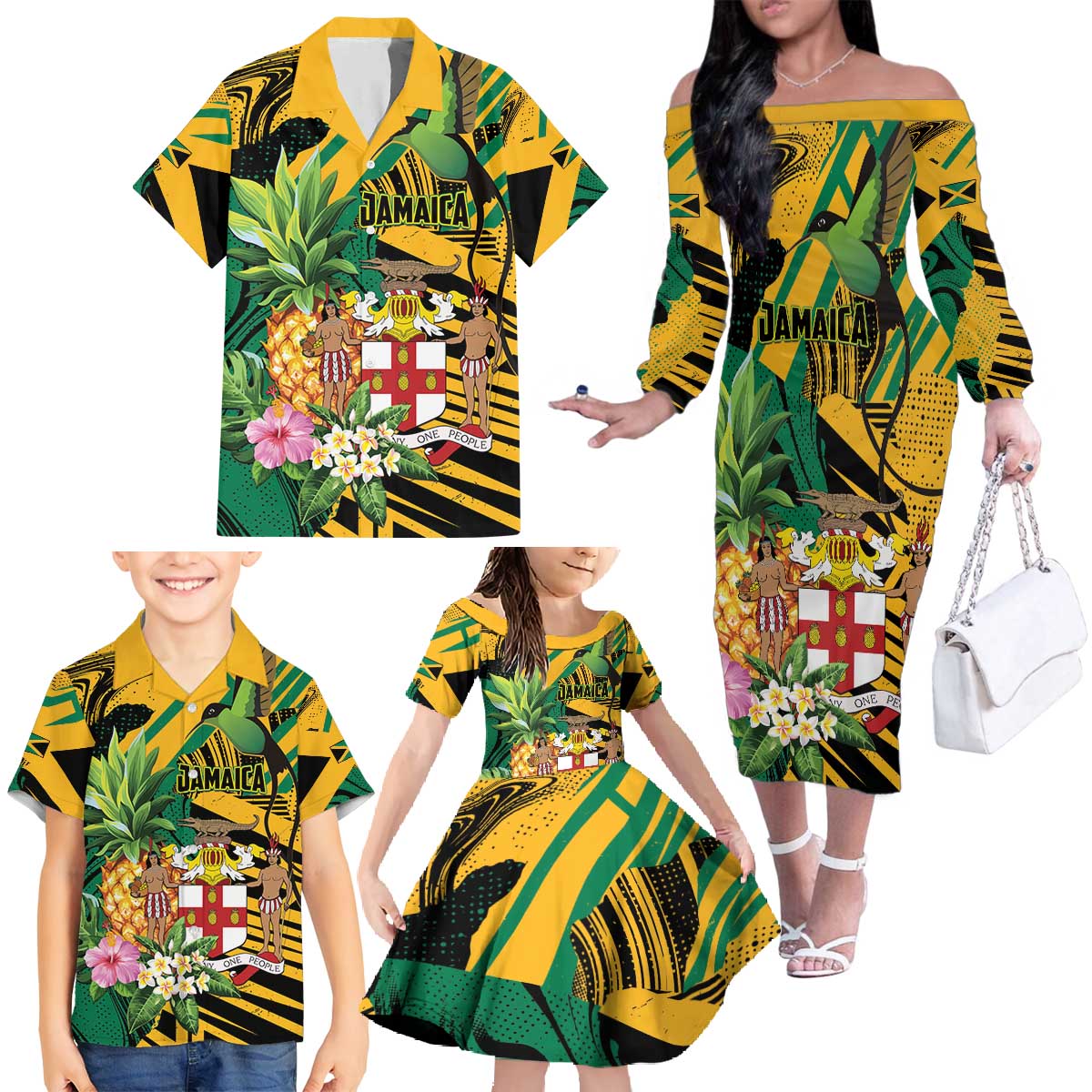Personalized Jamaica Red-billed Streamertail Family Matching Off The Shoulder Long Sleeve Dress and Hawaiian Shirt Pineapple Tropical Style - Wonder Print Shop