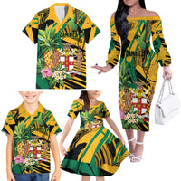 Personalized Jamaica Red-billed Streamertail Family Matching Off The Shoulder Long Sleeve Dress and Hawaiian Shirt Pineapple Tropical Style - Wonder Print Shop