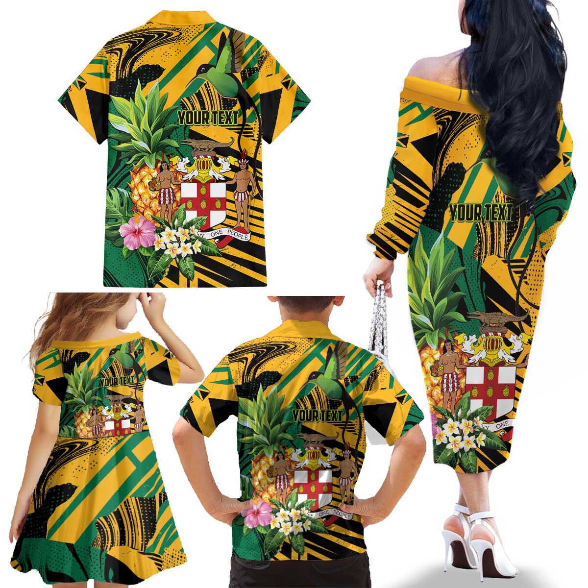 Personalized Jamaica Red-billed Streamertail Family Matching Off The Shoulder Long Sleeve Dress and Hawaiian Shirt Pineapple Tropical Style - Wonder Print Shop