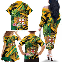 Personalized Jamaica Red-billed Streamertail Family Matching Off The Shoulder Long Sleeve Dress and Hawaiian Shirt Pineapple Tropical Style - Wonder Print Shop