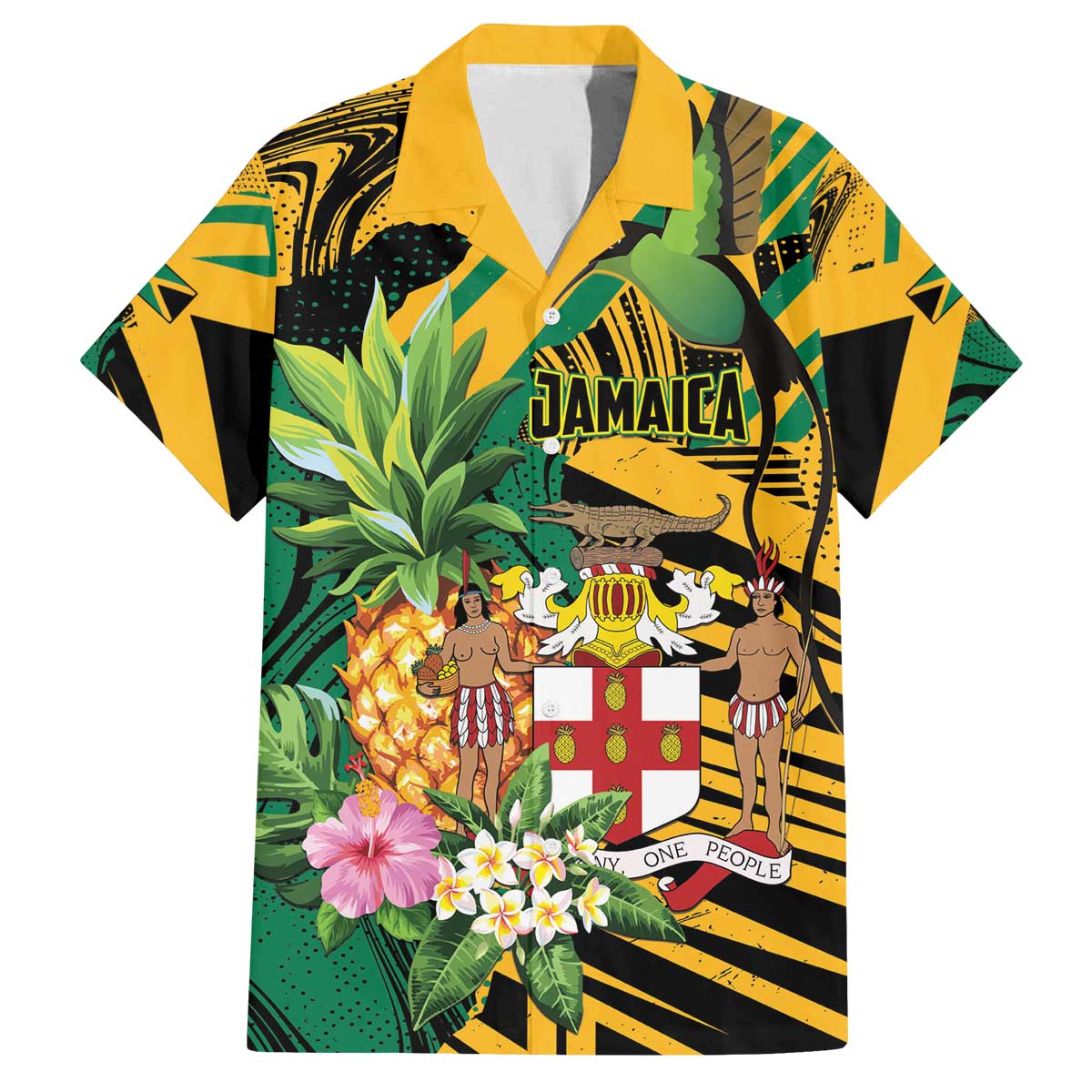 Personalized Jamaica Red-billed Streamertail Family Matching Off The Shoulder Long Sleeve Dress and Hawaiian Shirt Pineapple Tropical Style - Wonder Print Shop