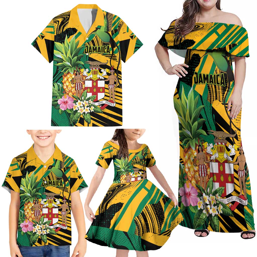 Personalized Jamaica Red-billed Streamertail Family Matching Off Shoulder Maxi Dress and Hawaiian Shirt Pineapple Tropical Style - Wonder Print Shop