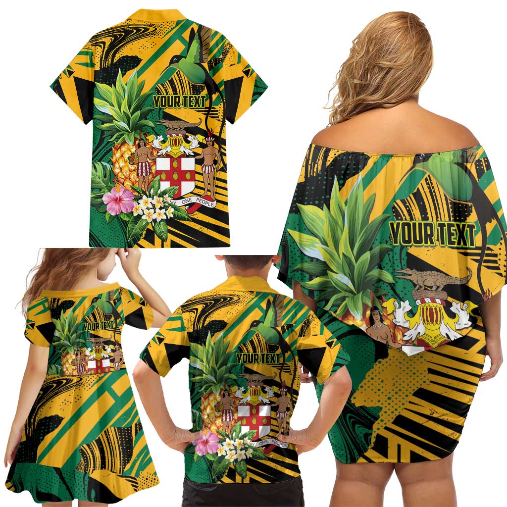 Personalized Jamaica Red-billed Streamertail Family Matching Off Shoulder Short Dress and Hawaiian Shirt Pineapple Tropical Style - Wonder Print Shop