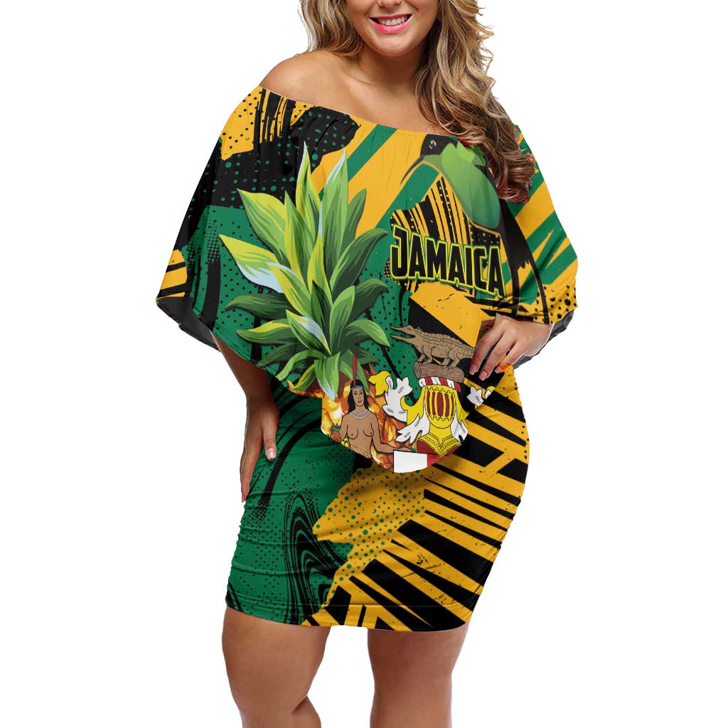 Personalized Jamaica Red-billed Streamertail Family Matching Off Shoulder Short Dress and Hawaiian Shirt Pineapple Tropical Style - Wonder Print Shop