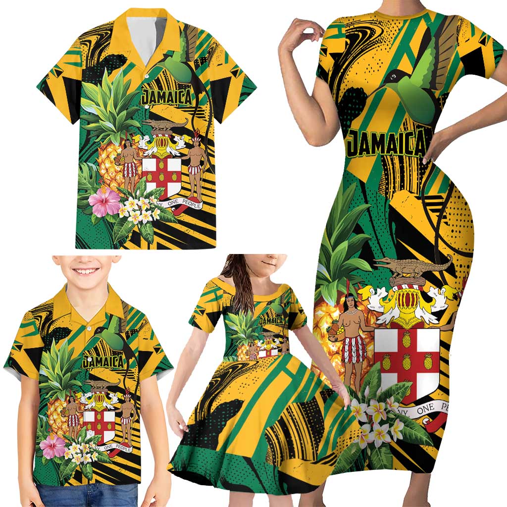 Personalized Jamaica Red-billed Streamertail Family Matching Short Sleeve Bodycon Dress and Hawaiian Shirt Pineapple Tropical Style - Wonder Print Shop