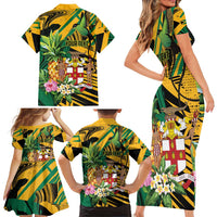 Personalized Jamaica Red-billed Streamertail Family Matching Short Sleeve Bodycon Dress and Hawaiian Shirt Pineapple Tropical Style - Wonder Print Shop
