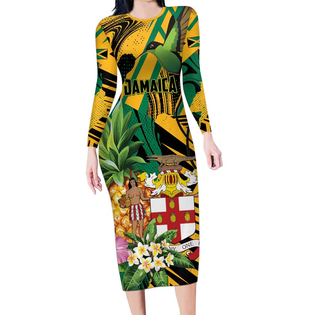 Personalized Jamaica Red-billed Streamertail Long Sleeve Bodycon Dress Pineapple Tropical Style - Wonder Print Shop
