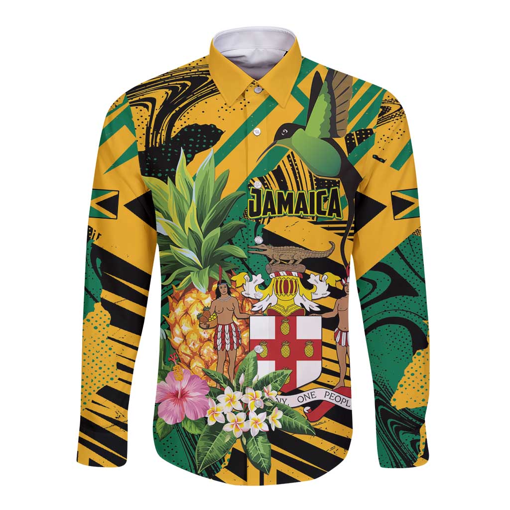 Personalized Jamaica Red-billed Streamertail Long Sleeve Button Shirt Pineapple Tropical Style - Wonder Print Shop
